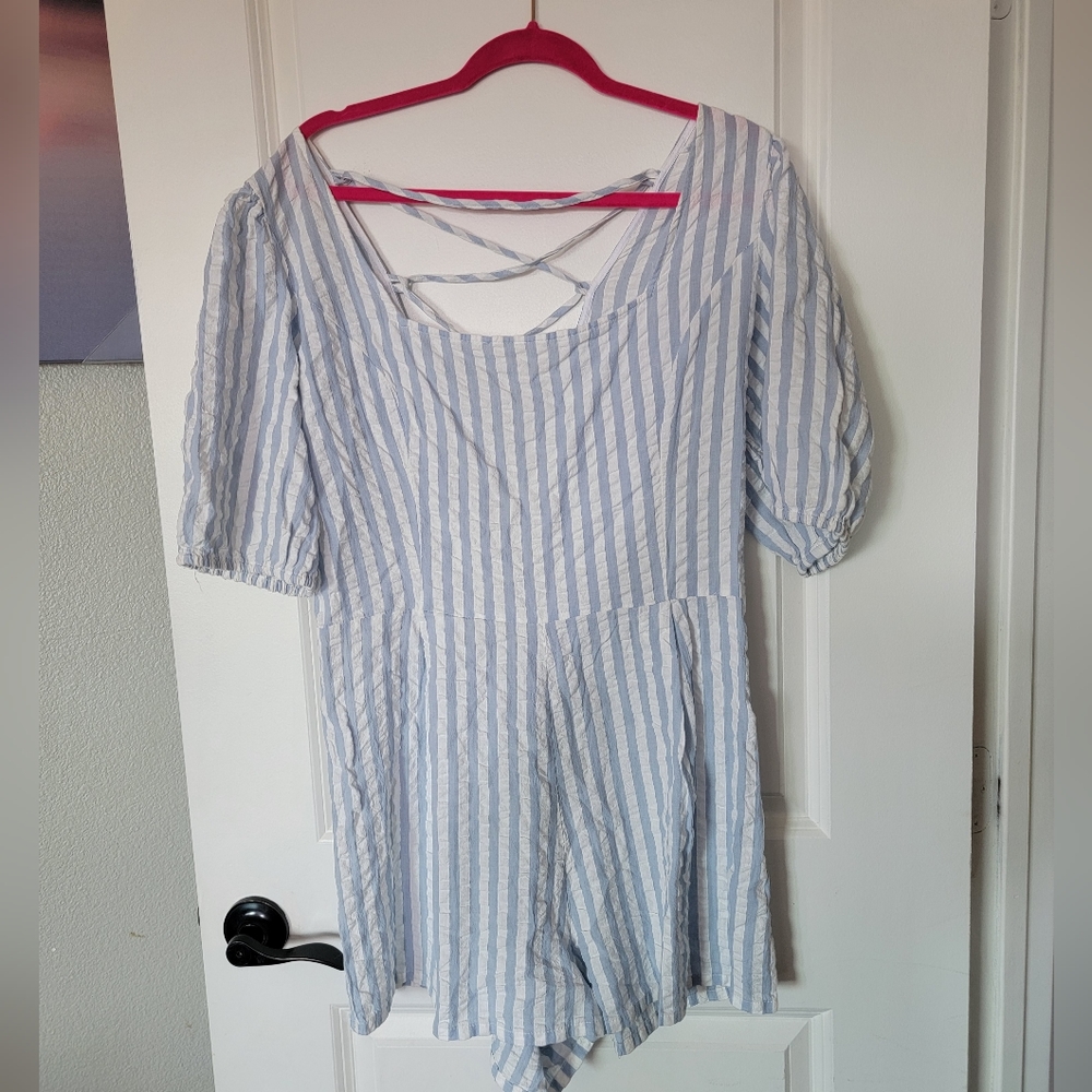 Asos white and blue vertical stripe open back lace up romper